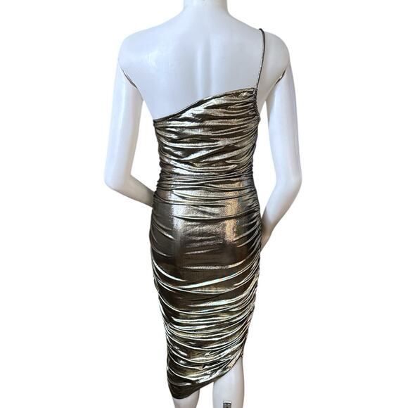Blanc Metallic Gold Ruched One Shoulder Dress Womens SIze L - Picture 4 of 8